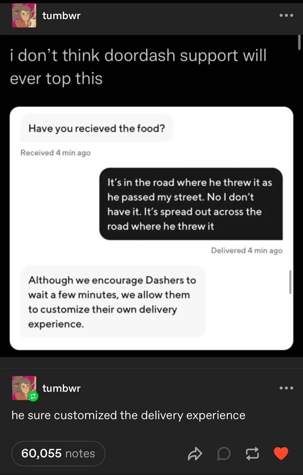 A screenshot of a Doordash support chat where a customer reports their food was thrown in the road, and the support reply…