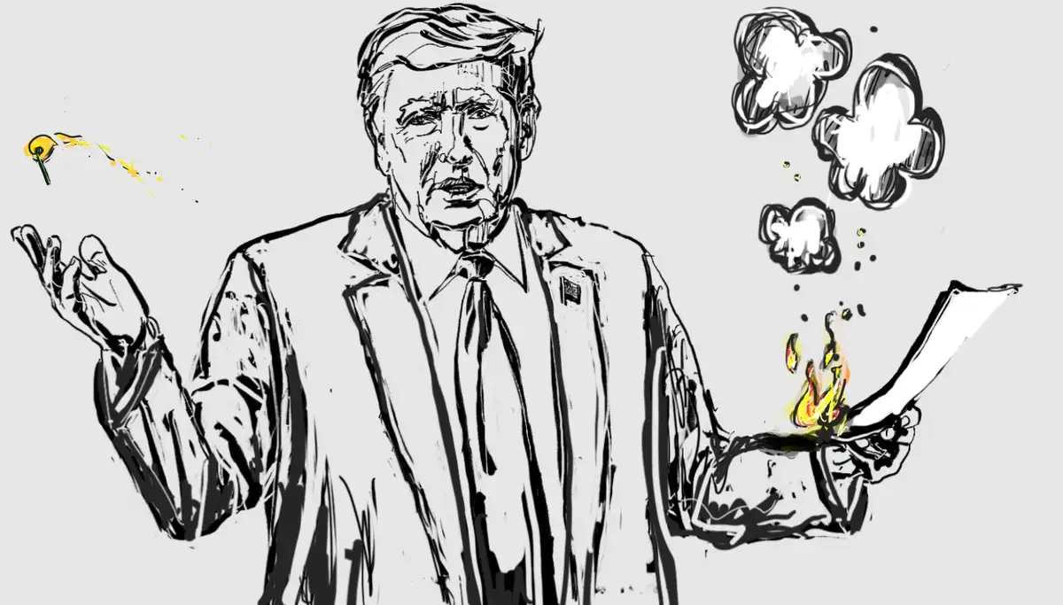 A black-and-white sketch shows a man in a suit and tie holding a burning document in one hand and a lit lollipop in the…