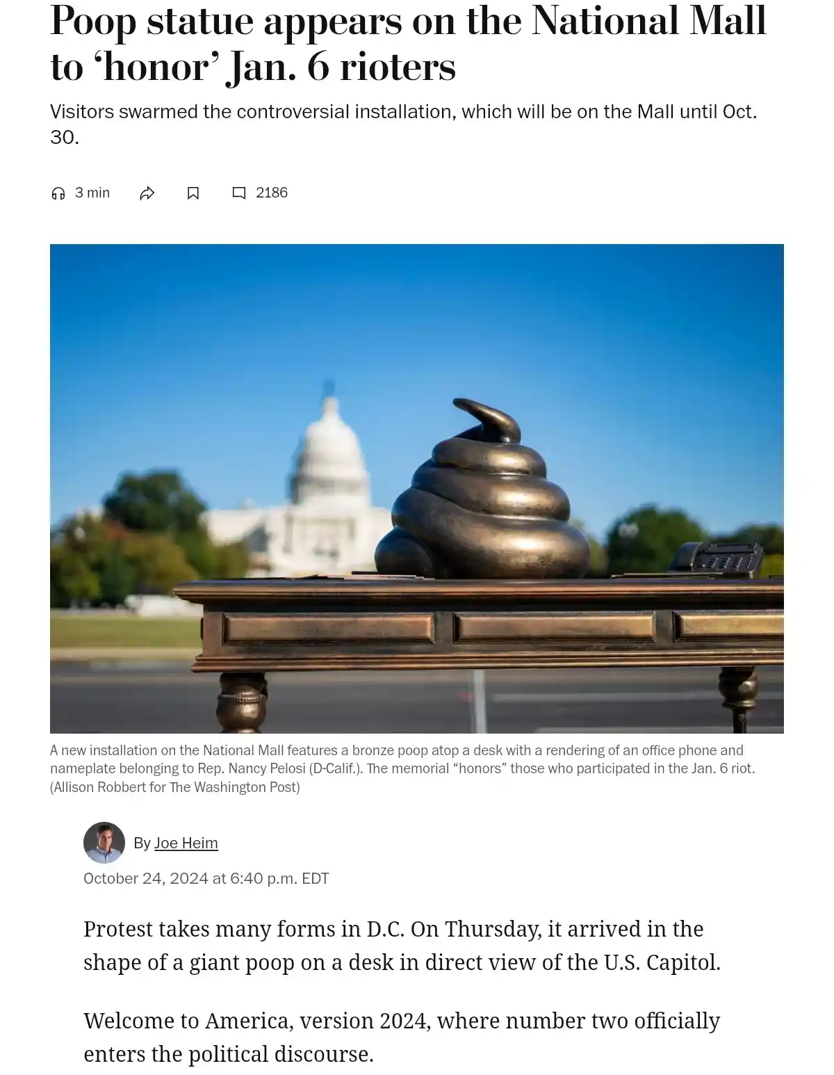 A Poop Statue Unveiled on the National Mall to 'Honor' Jan. 6 Rioters