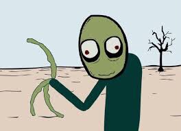 A green-skinned cartoon alien with large white eyes stands in a barren desert landscape holding a single, wilted green leaf…