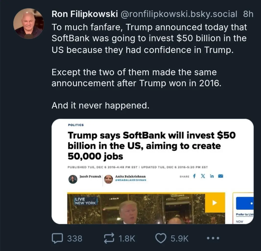 A screenshot of a 2016 news article headline stating 'Trump says SoftBank will invest $50 billion in the US, aiming to…