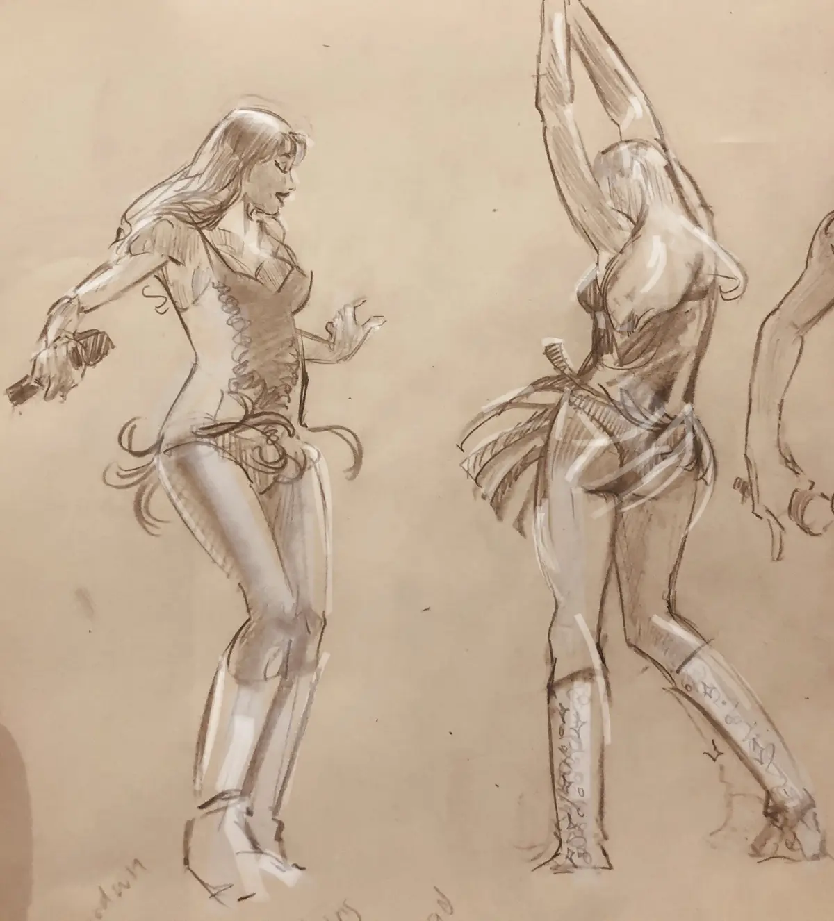 A sepia-toned sketch shows two female characters in dynamic poses, one facing left holding a microphone, the other facing…