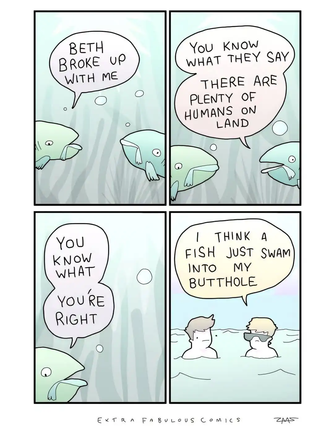 A four-panel comic strip shows two fish discussing breakup advice, leading to a human in a pool misinterpreting the fish's…