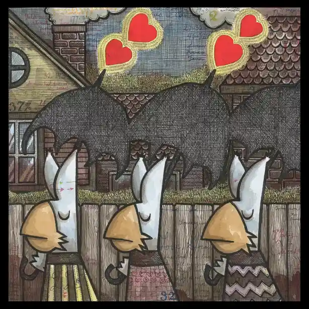 An illustration shows three cartoonish, white-faced figures with large black umbrellas standing behind a wooden fence. Above…