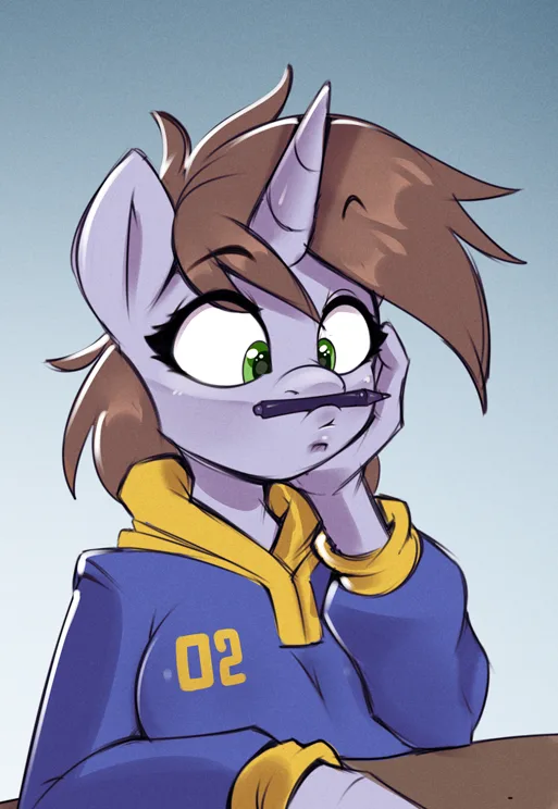 A cartoon pony with purple skin, brown hair, and green eyes wears a blue sports jersey with yellow trim and the number 02…