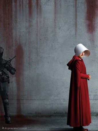 A woman in a red robe and white bonnet stands facing a soldier holding a rifle, with red stains dripping down a concrete…