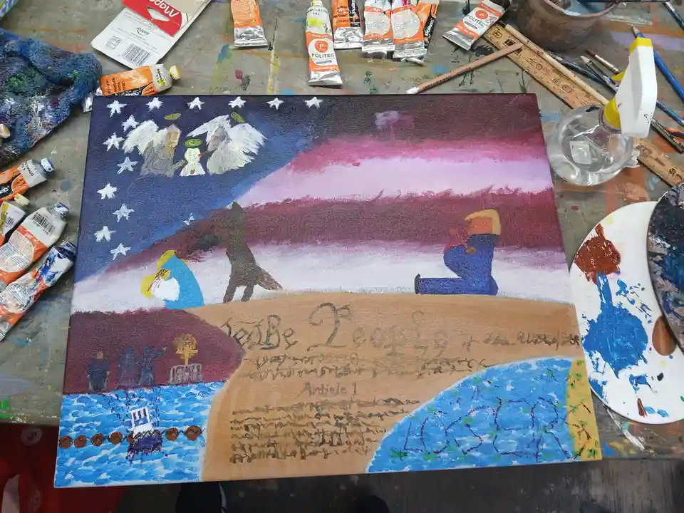 A hand-painted canvas depicts a surreal scene with a kneeling figure resembling Donald Trump, a wolf, and a figure in blue…