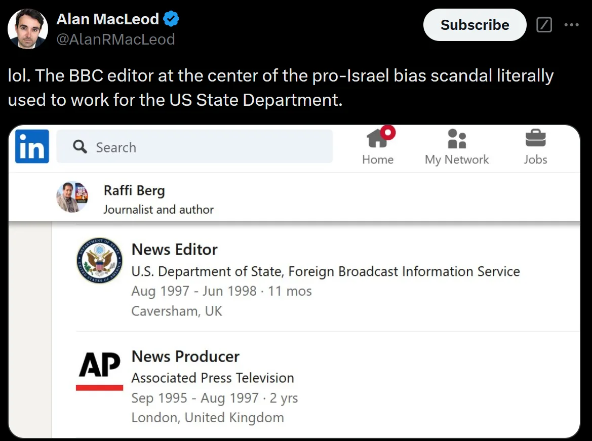A screenshot of a LinkedIn profile for Raffi Berg, showing his job history including 'News Editor' at the U.S. Department of…