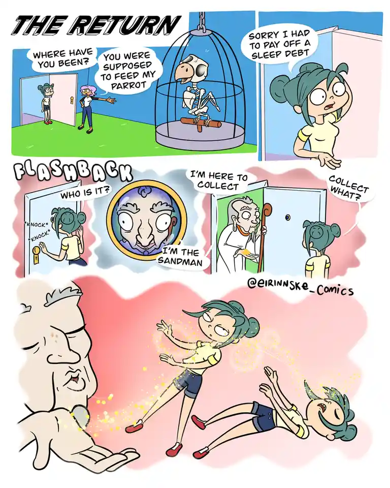 A comic strip titled 'THE RETURN' shows a character returning home to find their parrot is a skeleton. The character…