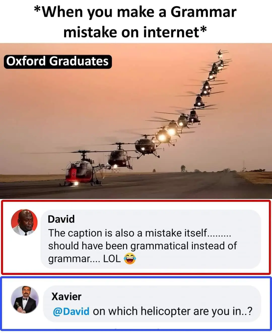 An image shows a line of helicopters flying in formation at dusk, labeled 'Oxford Graduates'. Below, two mock social media…