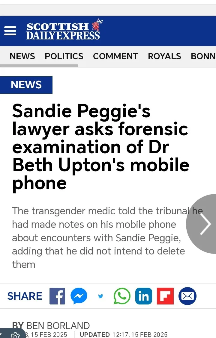 A screenshot of a Scottish Daily Express news article with the headline 'Sandie Peggie's lawyer asks forensic examination of…