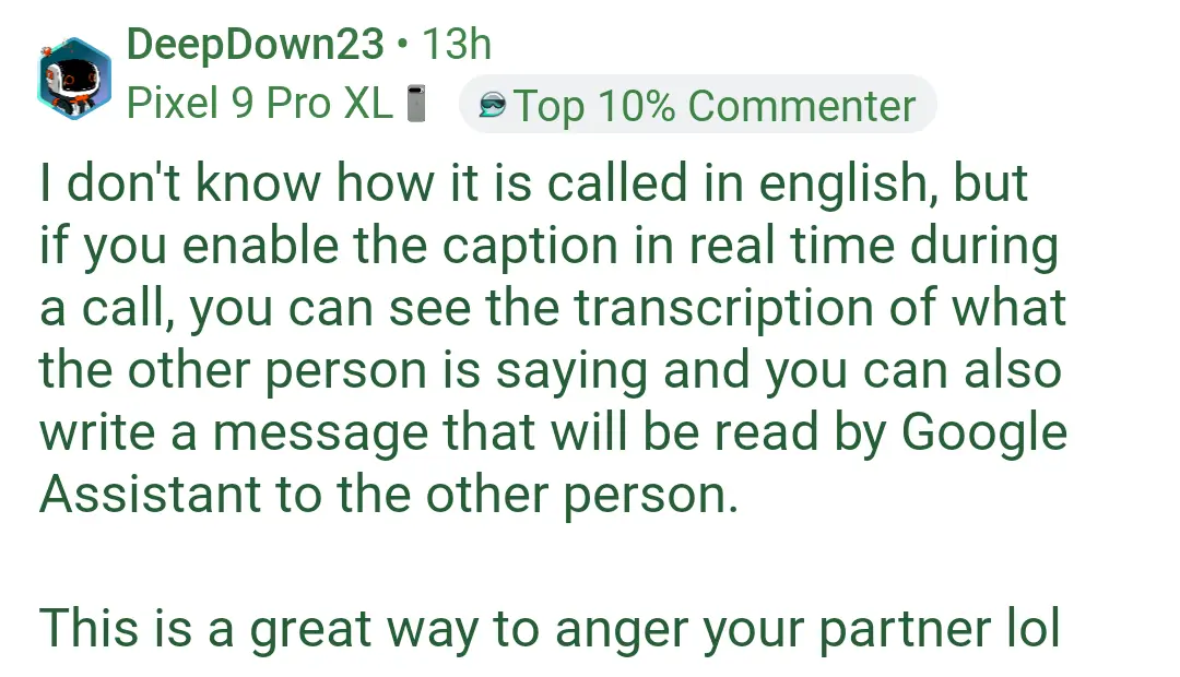 A screenshot of a Reddit comment by user DeepDown23, posted 13 hours ago on a Pixel 9 Pro XL device, showing their 'Top 10%…