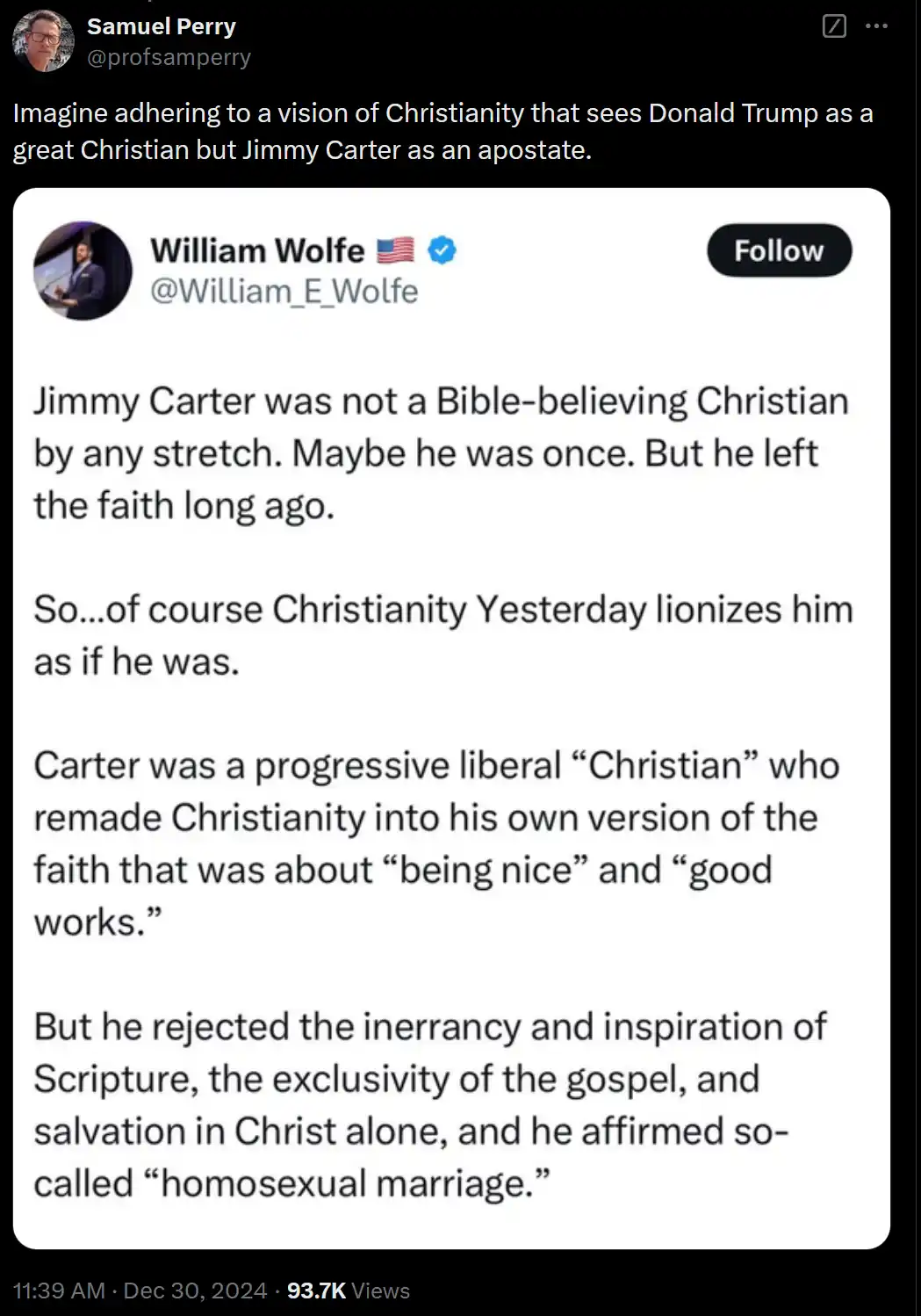 A screenshot of a tweet by William Wolfe criticizing Jimmy Carter's Christianity, overlaid with text from Samuel Perry…