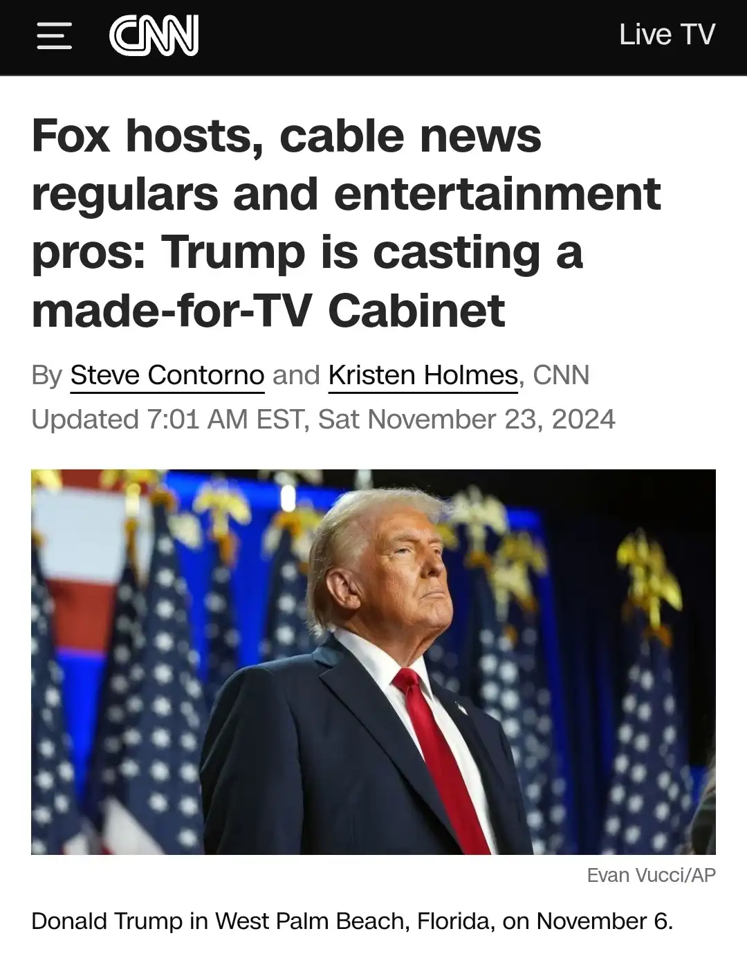 A screenshot of a CNN news article from November 23, 2024, featuring a photo of Donald Trump in a suit and red tie, looking…