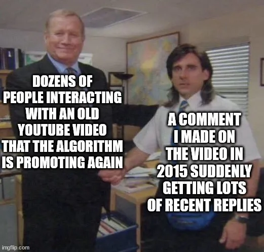 Two men stand in an office; the man on the left, smiling, has text overlaid saying 'DOZENS OF PEOPLE INTERACTING WITH AN OLD…
