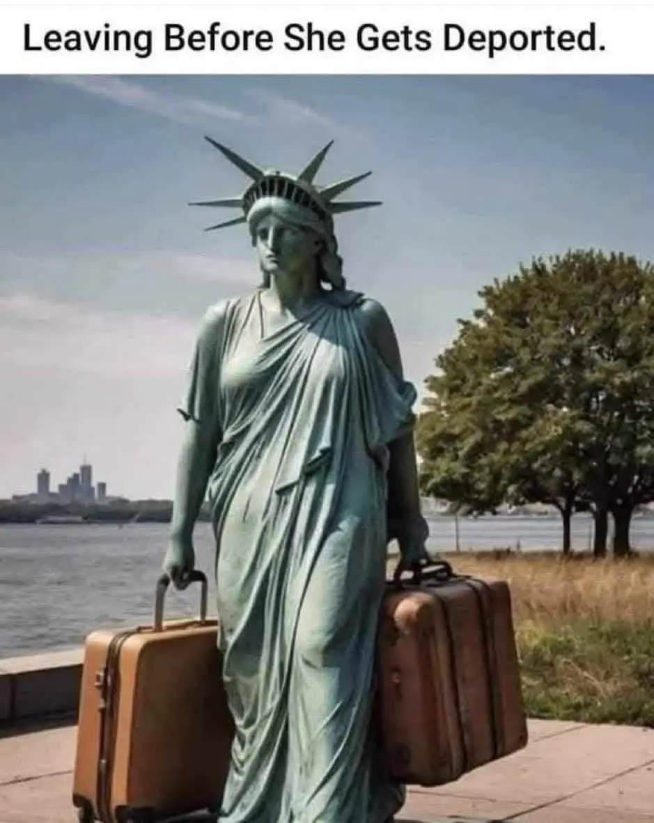 The image shows the Statue of Liberty holding two vintage suitcases, one in each hand, as if preparing to leave. The…
