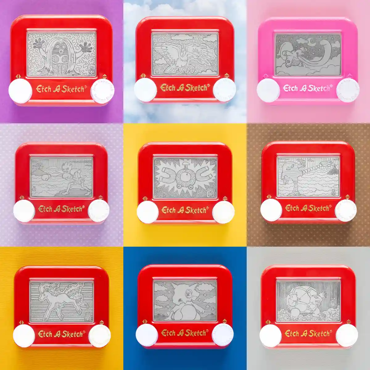 Nine Etch A Sketch toys arranged in a 3x3 grid, each displaying a different hand-drawn image of a Pokémon character on its…