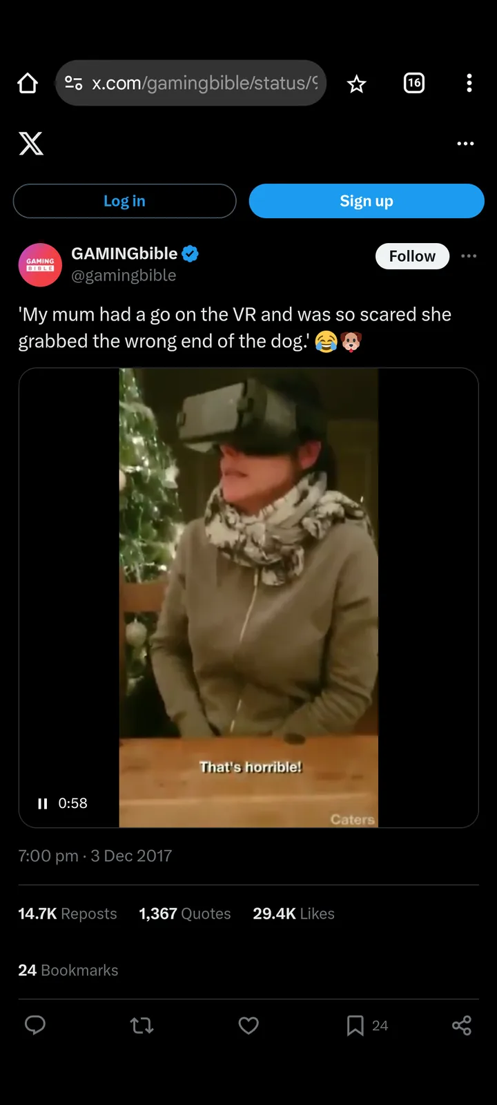 A woman wearing a VR headset and a patterned scarf sits at a table, visibly startled. The overlaid text reads 'That's…