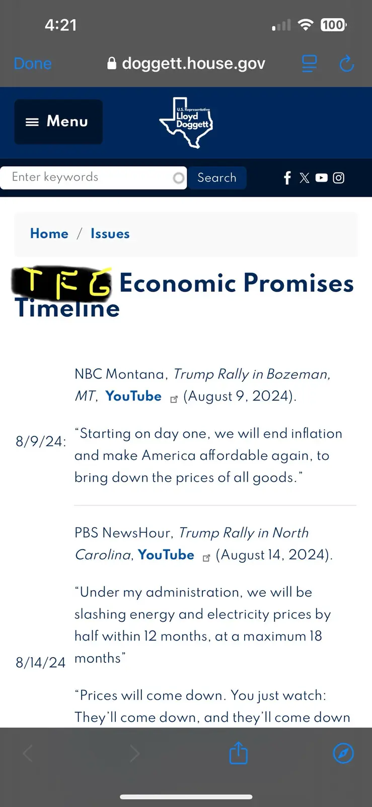 A screenshot of a webpage from U.S. Representative Lloyd Doggett's official site, showing a 'Timeline' of economic promises…