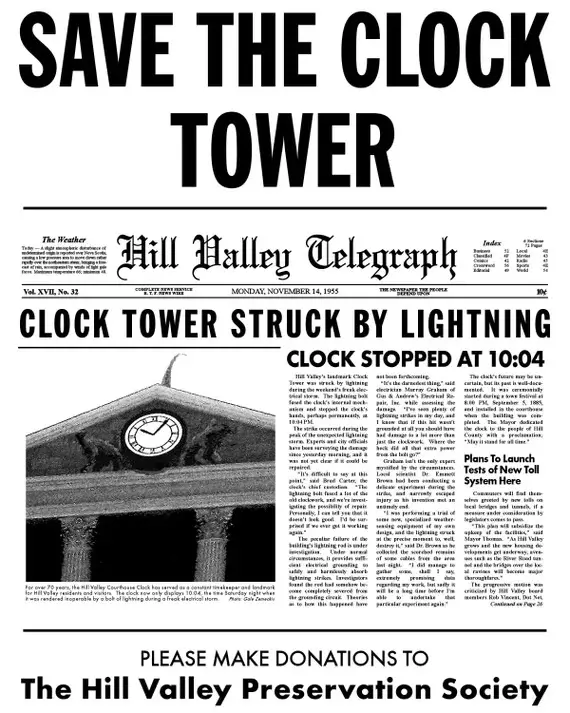 A newspaper front page from the Hill Valley Telegraph dated November 14, 1955, reports that the town's clock tower was…