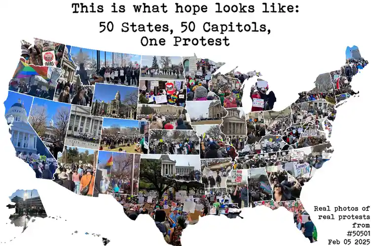 The image displays a collage of numerous protest photos arranged to form the outline of the United States. Each state's…