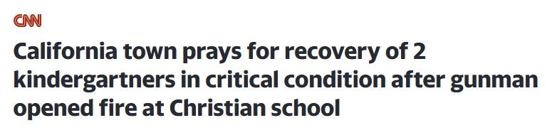 A screenshot of a CNN news headline reads: 'California town prays for recovery of 2 kindergartners in critical condition…