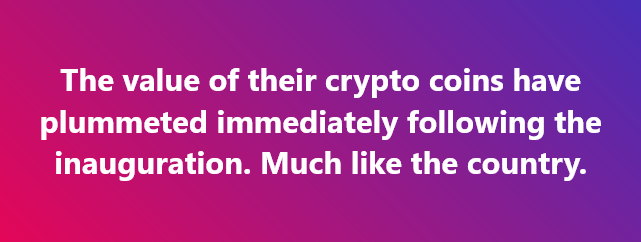 A gradient background transitioning from pink to purple displays white text stating that the value of their crypto coins…