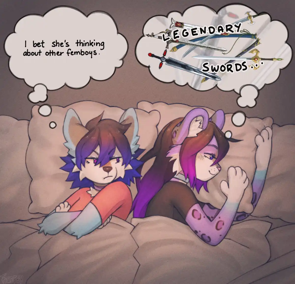 Two anthropomorphic feline characters are lying in bed, one looking jealous and the other smiling. The jealous character's…