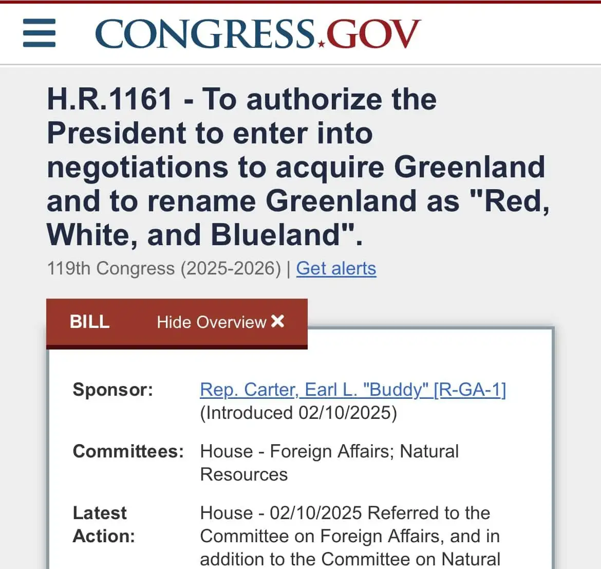 A screenshot of the congress.gov website showing a fictional bill titled H.R.1161, which proposes to authorize the President…