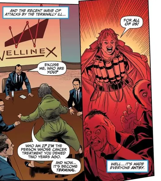 A comic panel shows a woman in a green jumpsuit confronting corporate executives at a meeting, revealing she is the person…