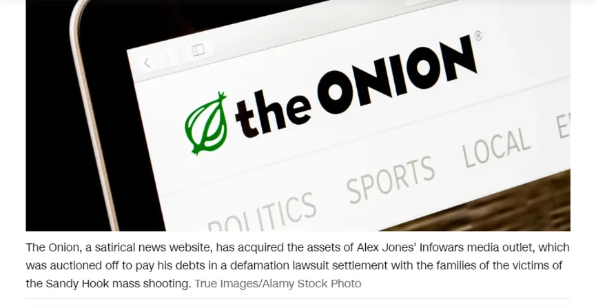 A close-up photo of a smartphone screen displaying the 'The Onion' satirical news website logo and navigation menu. Overlaid…