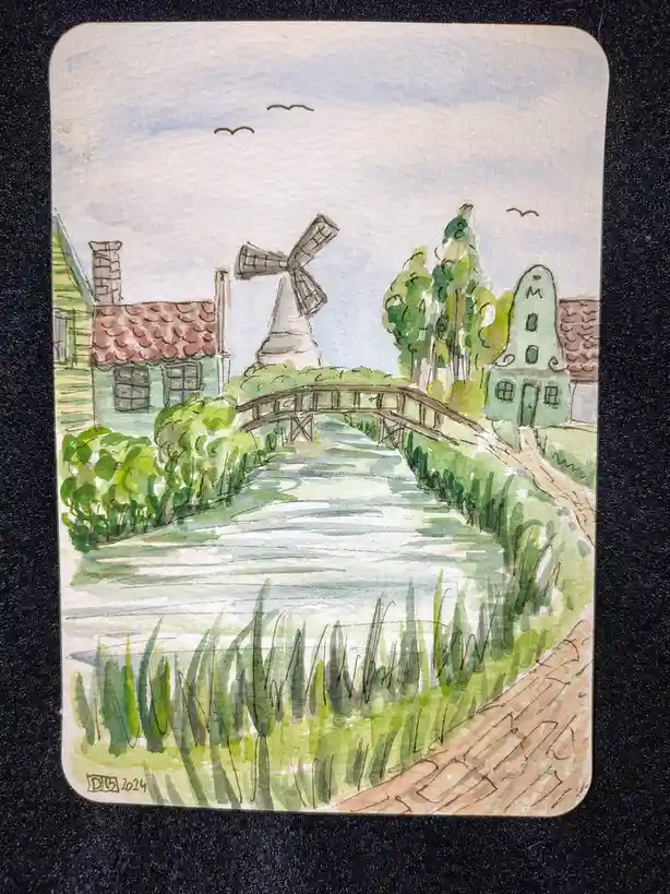 A watercolor painting depicts a serene, idyllic countryside scene with a winding river, a wooden bridge, traditional houses…