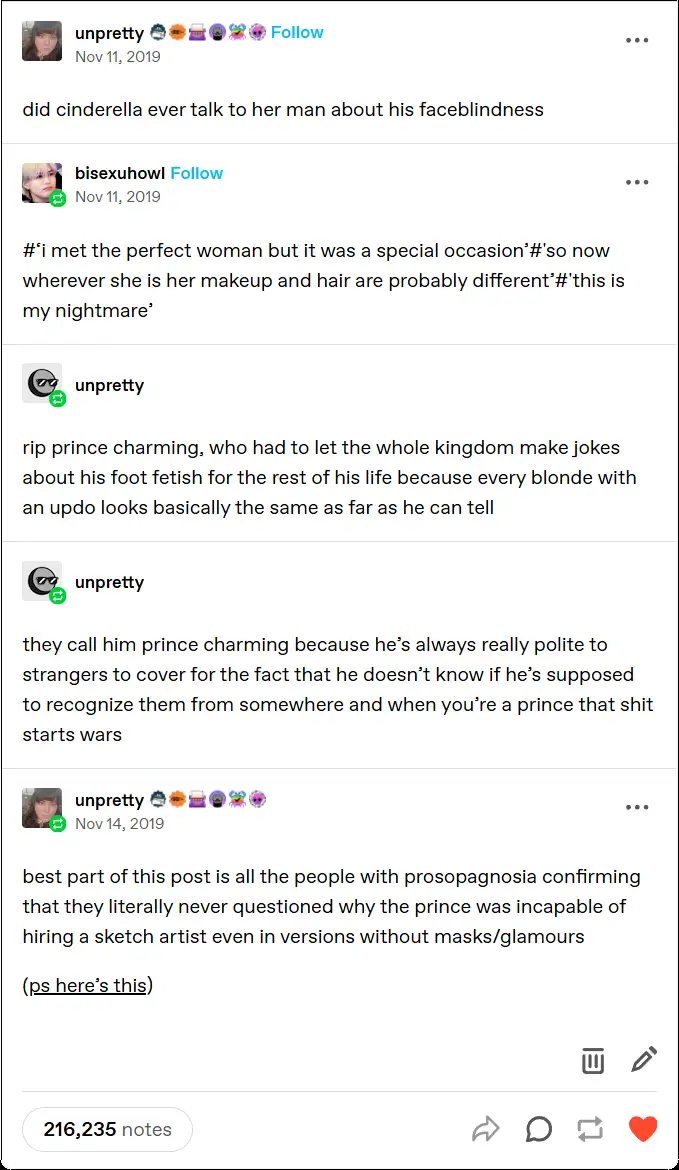 A screenshot of an Instagram comment thread where user 'unpretty' jokes about Cinderella's prince having faceblindness…
