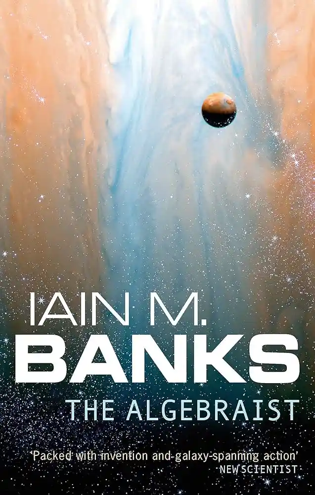 The image is the cover of the science fiction novel 'The Algebraist' by Iain M. Banks, featuring a cosmic scene with…