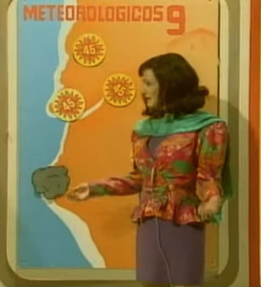 A vintage weather forecast image shows a woman in a colorful floral jacket and green scarf pointing at a map. The map…
