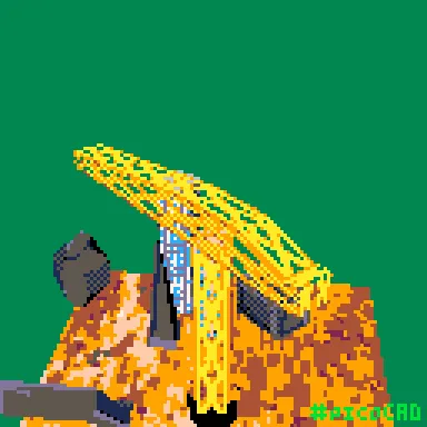 This meme consists of six pixelated, low-resolution frames showing a yellow crane rotating and moving around a small…