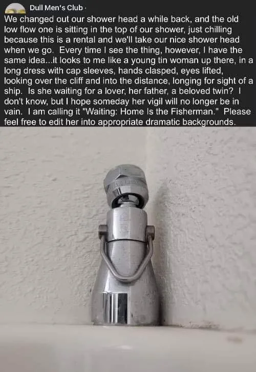 A close-up photo of a chrome showerhead resting on a white tiled shower ledge, with a textured white wall behind it. The…