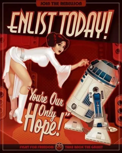 A vintage-style recruitment poster features Princess Leia in a white dress and white boots, leaning forward with one hand on…