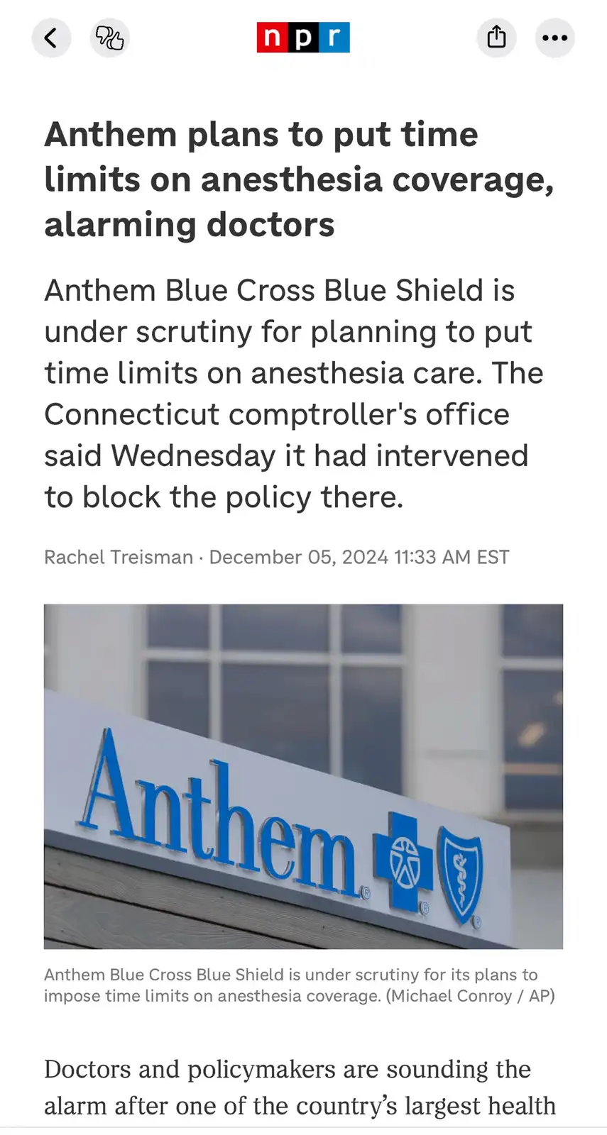 A screenshot of an NPR news article shows a photo of an Anthem Blue Cross Blue Shield sign on a building. The article…