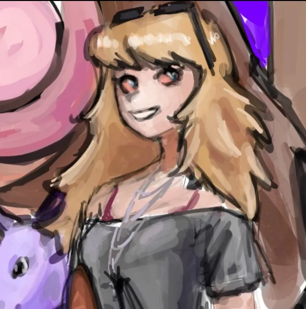 A digital drawing of a blonde anime-style girl with red eyes and a wide, unsettling smile, wearing a grey top and sunglasses…
