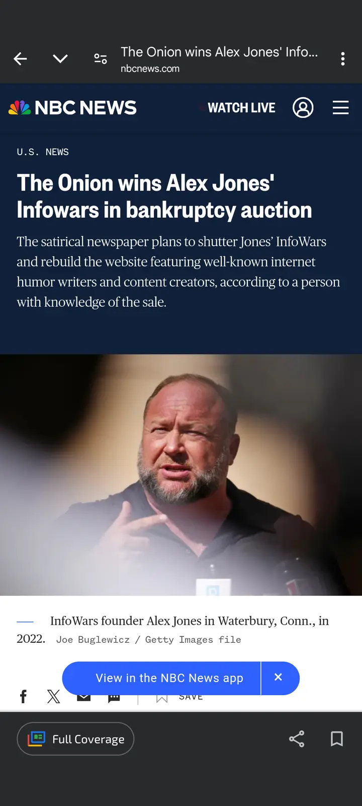 A screenshot of an NBC News article headline stating 'The Onion wins Alex Jones' Infowars in bankruptcy auction,' featuring…