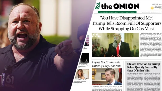 A split image shows a man yelling and pointing at a microphone on the left, and a satirical newspaper front page from 'the…