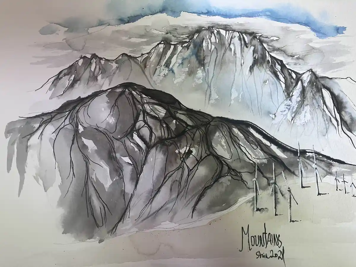 A watercolor painting depicts layered mountain ranges with dark, expressive ink lines and gray-blue washes, featuring a row…