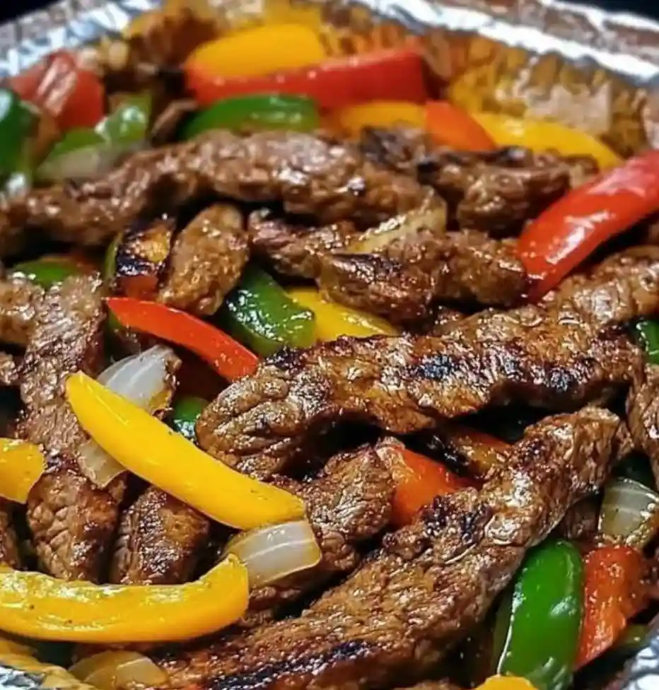 A close-up photo of grilled fajita meat with colorful bell peppers and onions on aluminum foil. The overlaid text reads…