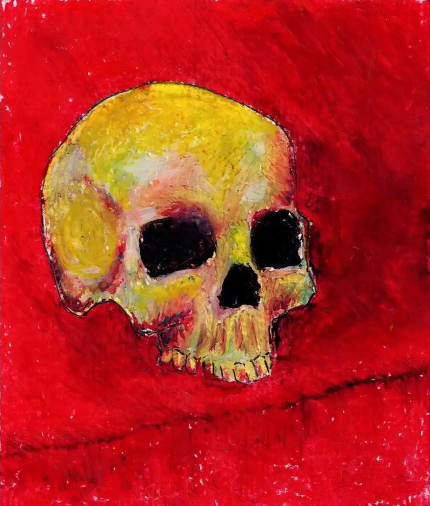 A painted skull in yellow and white tones with black eye sockets and teeth, set against a textured, vibrant red background…