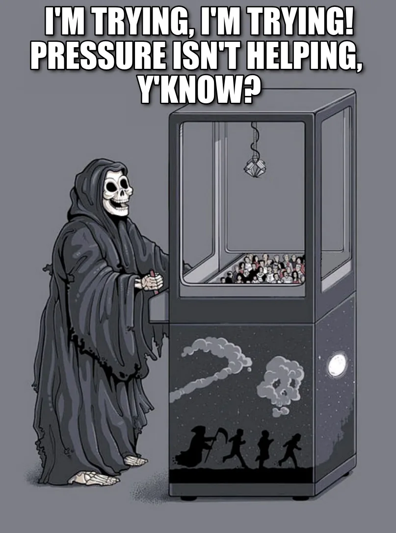 A cartoon depiction of the Grim Reaper, dressed in a dark robe and hood, standing beside a large, ornate claw machine filled…