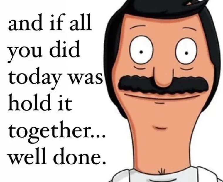 The image shows a close-up of the animated character Bob Belcher from the show 'Bob's Burgers', recognizable by his black…