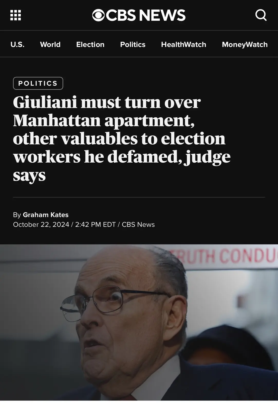 A screenshot of a CBS News article headline about Rudy Giuliani being ordered by a judge to turn over his Manhattan…