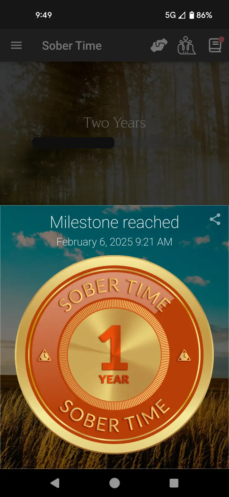 A screenshot of a 'Sober Time' app celebrating a '1 YEAR' milestone with a gold coin graphic, while the background text…