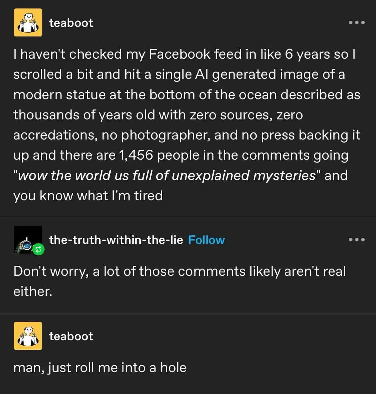 A screenshot of a social media thread shows user 'teaboot' complaining about encountering an AI-generated image of a modern…